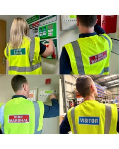 High Visibility Waistcoats Featuring Fire Marshal, Fire Warden, First Aider or Visitor Badging