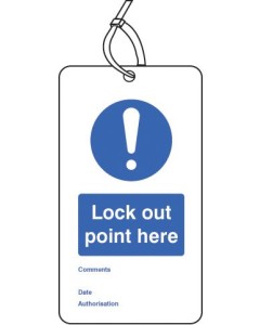 Lock Out Point Here Double Sided Safety Tags - Pack of 10 | 80mm x 150mm | Matt PVC